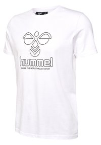 Hvid bomulds T-shirt med et sort omridslogo med abstrakt design og "hummel" tekst centreret nedenfor. Klassisk rund hals og korte ærmer.