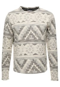 Maglione beige chiaro con un motivo geometrico nero. Maniche lunghe, scollo rotondo, tessuto testurizzato. Presenta forme a triangolo e diamante.