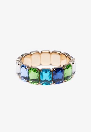 Multicolored gemstone bracelet featuring rectangular, faceted stones in blue, green, and clear, set in gold-toned metal links.