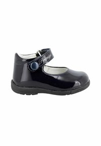 Scarpa Mary Jane per bambini di un brillante blu navy, con cinturino regolabile e dettaglio in bottone, suola nera e fodera interna bianca.