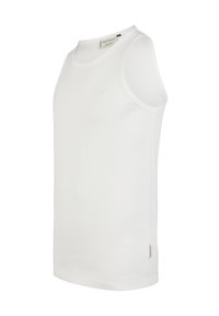 White sleeveless tank top made from ribbed texture material, featuring a round neckline and a small logo detail on the front.