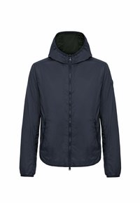 Marineblau leichte Jacke mit Kapuze, durchgehendem Reißverschluss und seitlichen Taschen. Sie verfügt über einen glatten, wasserabweisenden Stoff mit einem schlichten Design.