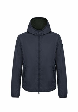 Navy blue lightweight jacket with a hood, full zipper, and side pockets. Features a smooth, water-resistant fabric with a simple design.