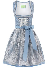 Light blue dress with floral lace overlay, corset-style front with white laces, satin bow at the waist, and intricate embroidery details.