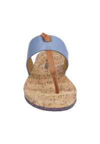 Light blue synthetic thong sandal with brown strap and cork footbed; textured with a colorful speckled sole; bow accent on the strap.