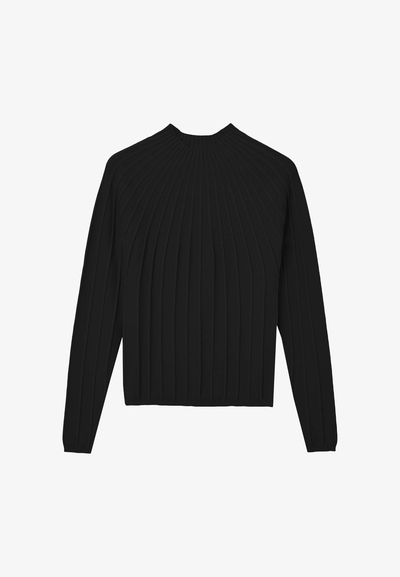 Maglione nero a coste con maniche lunghe e collo alto, caratterizzato da una texture strutturata e un taglio corto.