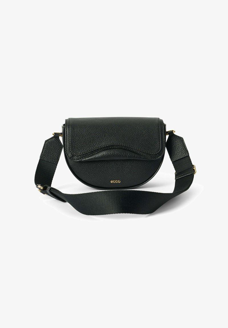 Borsa a tracolla nera in pelle con forma arrotondata, superficie testurizzata, patta curvata e hardware dorato. Include una tracolla in tessuto regolabile.