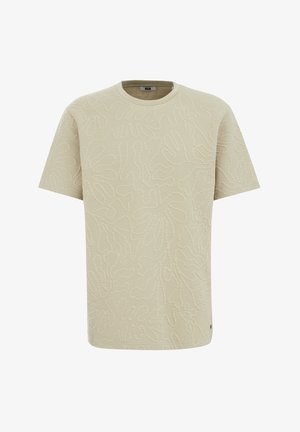 Svetlo béžové tričko s krátkym rukávom s textúrovaným kvetinovým vzorom, okrúhlym výstrihom a malým logom blízko lemovania.