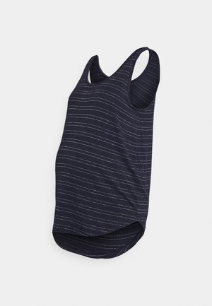 Débardeur de maternité bleu foncé avec de fines rayures horizontales argentées et un ourlet arrondi, présenté sur un fond blanc uni.