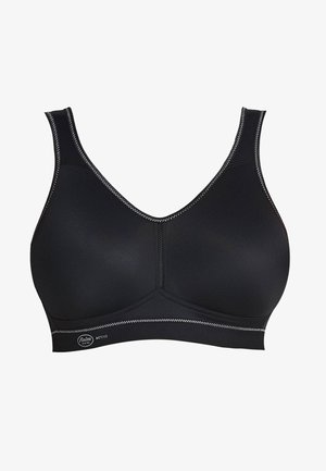 Czarny stanik sportowy z szerokimi ramiączkami, gładką teksturą, subtelnymi detalami przeszyć oraz logo blisko dolnego pasa. Bez fiszbin.