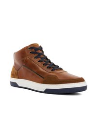 Brown leather high-top sneaker with navy laces, a textured suede panel, perforations on the toe, and a white midsole with a navy outsole.