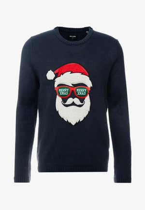 Tumedat sinise värvi kootud sviiter, millel on Jõuluvana näo disain, faux karusnahast habemega ja punase Jõuluvana mütsiga, lisaks rohelise "HÄID JÕULU" prillide detail.