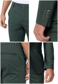 Zielona marynarka w jodełkę z trzema guzikami na rękawie i szczegółowym przeszyciem. Wykonana z teksturowanej tkaniny, wyposażona w tylnią kieszeń.