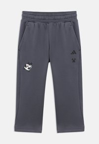 Pantalon de sport gris avec une ceinture élastique, des poches latérales, présentant un graphisme pixelisé de chien et le logo Adidas sur la jambe.