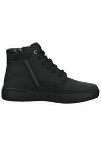 Chaussures hautes noires avec dessus en cuir lisse, cheville texturée, laçage avant et fermeture éclair latérale ; semelle en caoutchouc avec une légère empreinte.