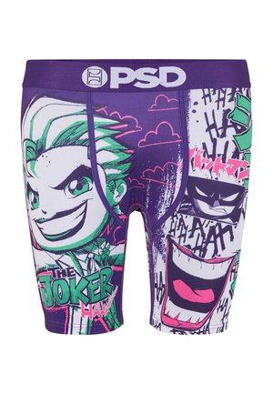 Calzoncillos bóxer morados con la cara del Joker caricaturizada, cabello verde, texto "The Joker" y gráficos de estilo cómic con texto risueño y sonrisa amenazante.