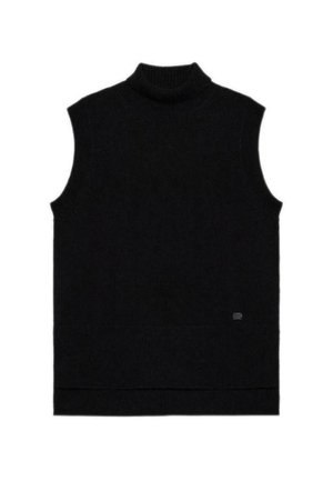 Chaleco de punto negro sin mangas con cuello de bote acanalado y dobladillo, dispuesto sobre un fondo blanco.