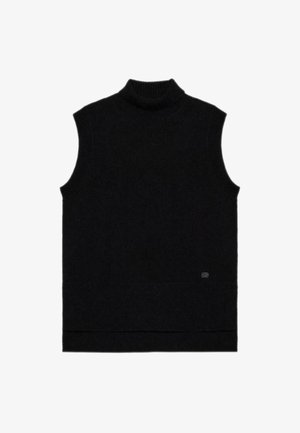 Zwarte mouwloze gebreide sweater vest met een geribde hoge hals en rand, plat gelegd op een witte achtergrond.