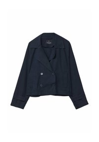 Granatowa, krótkiego kroju, dwurzędowa marynarka z klapami, dwoma przednimi kieszeniami i guzikami na rękawach. Wykonana z wytrzymałego materiału.