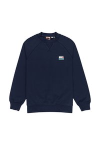Sudadera azul marino de manga larga, con puños y dobladillo acanalados, que presenta un pequeño parche de logo en el pecho con un diseño multicolor. Tejido de mezcla de algodón.