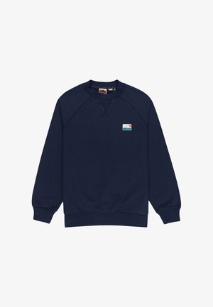Donkerblauwe sweatshirts met lange mouwen, geribbelde manchetten en zoom, met een klein logo-embleem op de borst in een meerkleurig ontwerp. Katoenmix stof.