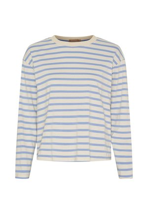 Langærmet skjorte med horisontale lyseblå og hvide striber, rund halsudskæring og afslappet pasform.