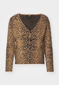 Luipaardpatroon cardigan in bruin en zwart, met een V-hals, lange mouwen en knoopsluitingen. Zachte textuur en cropped vorm.