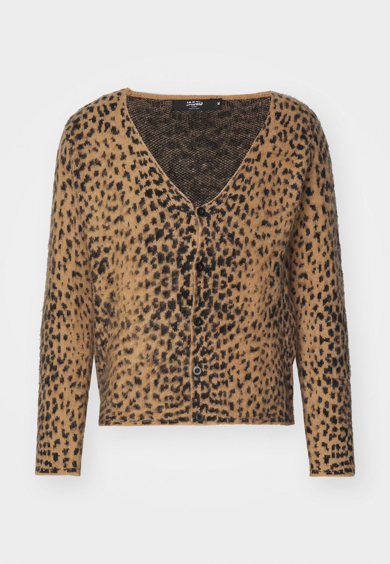 Cardigan con motivo leopardato in marrone e nero, con scollo a V, maniche lunghe e chiusura con bottoni. Tessuto morbido e forma cropped.