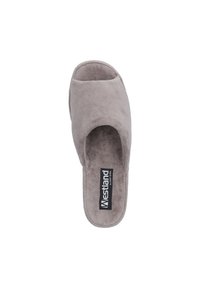 Gray open-toe slipper with a soft, textured fabric upper, featuring a cushioned footbed and a flat sole. Logo visible on the insole.