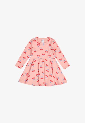 Pink long-sleeve toddler dress with red cherry patterns and blue stems, round neckline, and gathered skirt.