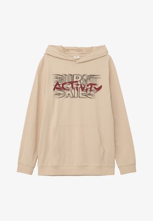 Beżowa bluza z kapturem z kieszenią z przodu, długimi rękawami oraz wyrazistym tekstem w kolorze czerwonym i czarnym z lekko postarzanym efektem.