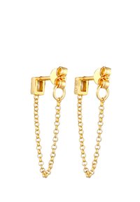 Ohrringe mit goldfarbener Kette und minimalistischen Design. Sie verfügen über einen Steckverschluss, hängende Kettenglieder und polierte Oberflächen für zusätzlichen Glanz.