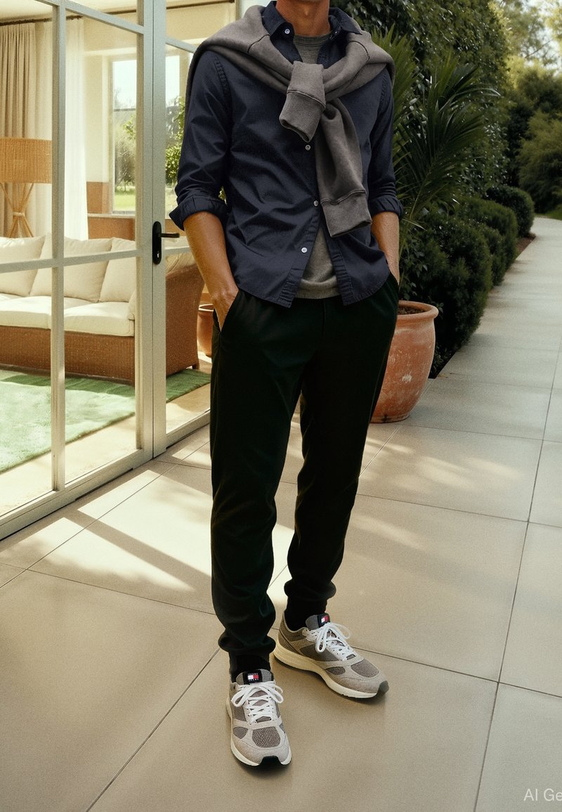 Homme debout sur une terrasse carrelée portant une chemise sombre retroussée, un pull gris posé sur les épaules, un pantalon noir et des baskets beiges, près d'une porte vitrée et des plantes.