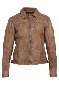 Giacca in pelle marrone con colletto, zip frontale e tasche laterali; presenta una superficie texturizzata e dettagli di cucitura.