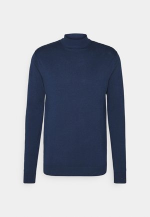 Granatowy sweter z golfem wykonany z miękkiego materiału dzianinowego, z długimi rękawami i dopasowanym krojem, wykończony prążkowanymi mankietami i dołem.