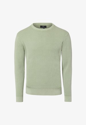 Hellgrüner, strukturierter Pullover mit Rundhalsausschnitt und langen Ärmeln, ausgestattet mit einem gerippten Saum und Bündchen. Hergestellt aus einem weichen, gestrickten Stoff.