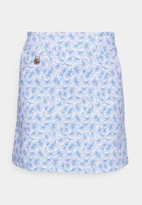 Floral-patterned skirt in light blue and white, featuring a smooth texture, a waistband, and an accent button on the side.