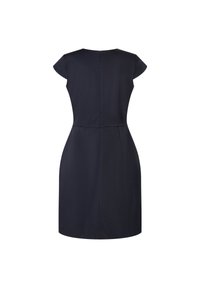 Robe bleu marine à coupe ajustée, avec des manches kimono et une fermeture éclair cachée dans le dos. Présente des coutures verticales et un tissu lisse et texturé.