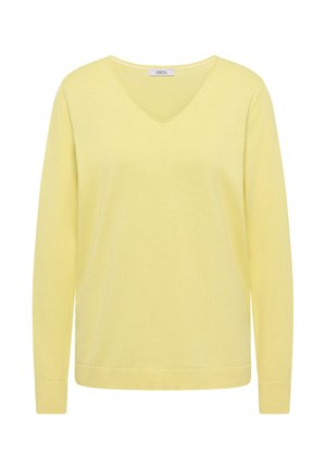 Gul langærmet sweater med V-hals, lavet af blødt strikket stof. Har ribstrikkede manchetter og kant, der giver en glat, let tekstur.