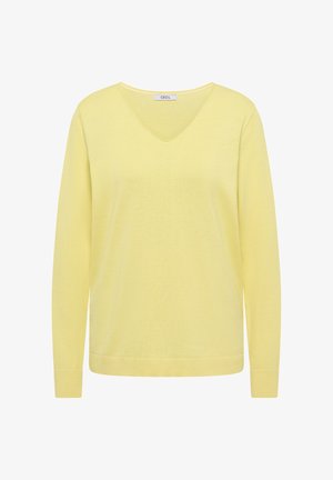 Żółty sweter z długim rękawem i dekoltem w serek, wykonany z miękkiej dzianiny. Posiada prążkowane mankiety i dół, zapewniające gładką, lekką fakturę.