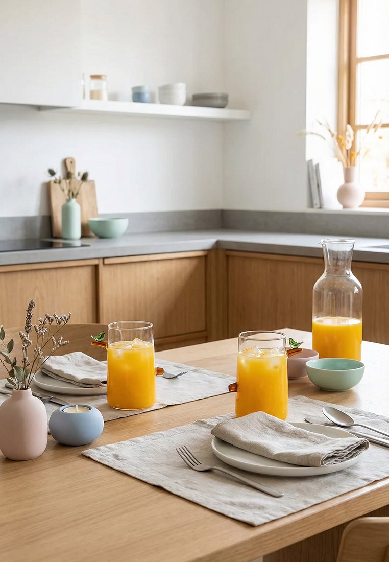 Dwa kieliszki i karafka soku pomarańczowego na drewnianym stole zastawionym talerzami, sztućcami, materiałowymi serwetkami oraz małymi wazonikami z suszonymi kwiatami.
