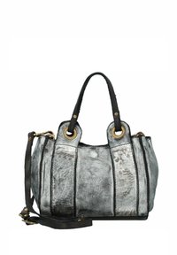 Borsa in pelle grigio argento con accenti neri, caratterizzata da una forma rotonda, doppie maniglie, hardware dorato e una tracolla rimovibile.