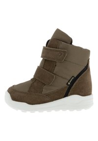 Bruine hoge sneakers met klittenbandsluitingen, gemaakt van textiel en suede. Beschikt over een witte rubberen zool en een zwarte accenten aan de zijkant.