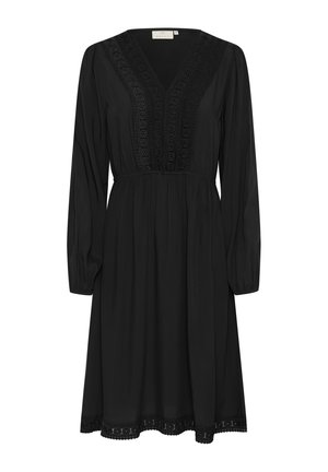 Svart klänning med långa ärmar, V-neck, broderade detaljer längs halsringningen och fållen, samt en rynkad midja för form.