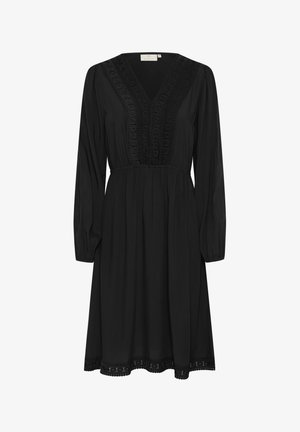 Abito nero con maniche lunghe, scollo a V, dettagli ricamati lungo il colletto e l'orlo, e vita arricciata per dare forma.