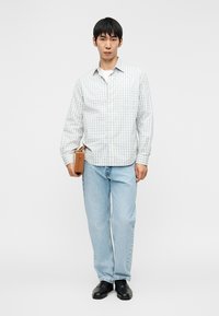 Ανοιχτό μπλε πουκάμισο με καρό σχέδιο και μακρυά μανίκια, συνδυασμένο με ανοιχτό μπλε τζιν και μαύρα παπούτσια. Κρατάει μια καφέ ορθογώνια τσάντα.