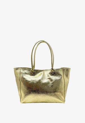 Borsa tote metallica oro con due manici arrotondati, forma rettangolare, texture liscia e cuciture quadrate sui punti di attacco dei manici.