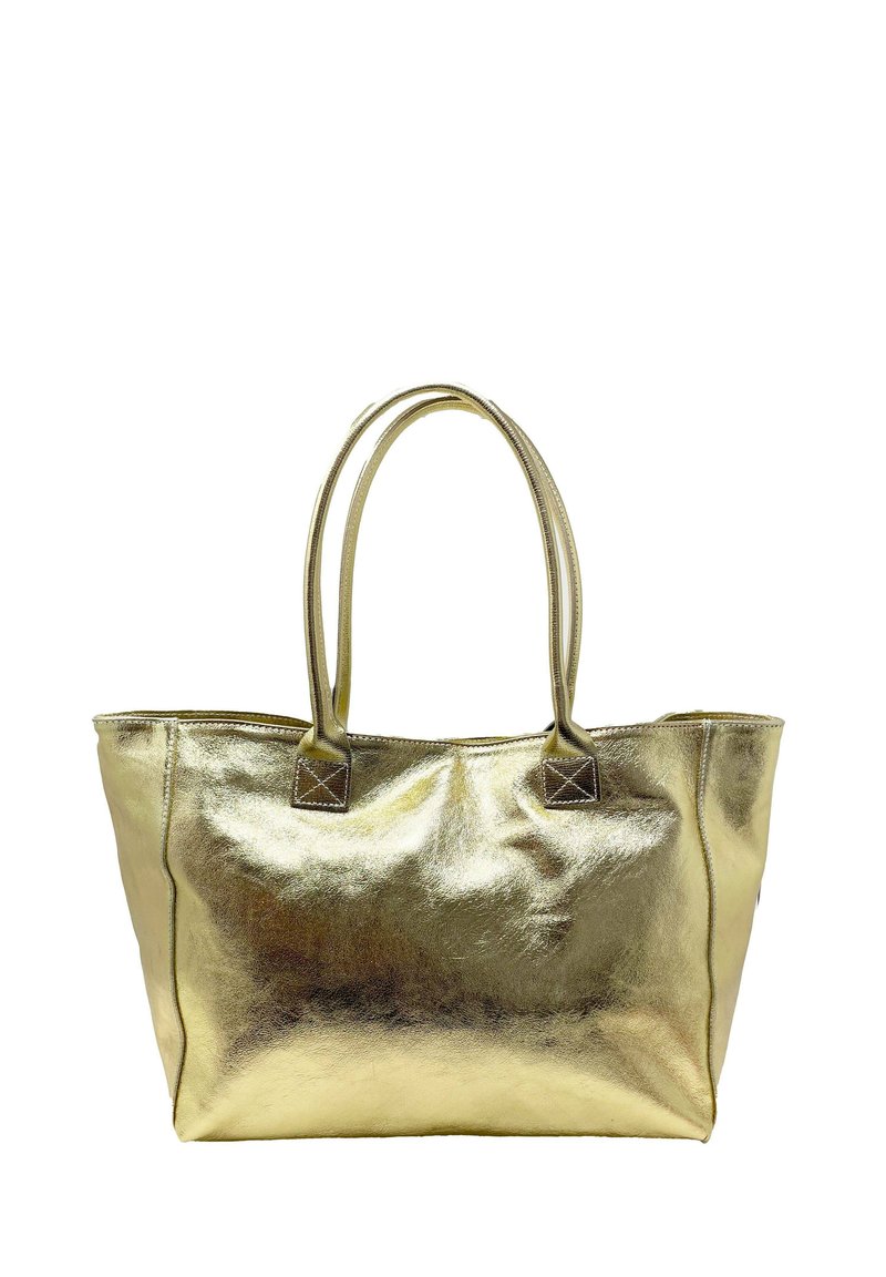 Kultainen metallinen kangaskassi, jossa on kaksi pyöreää kahvaa, suorakaiteen muotoinen, sileä pinta ja neliön muotoinen korostustikkaus kahvojen kiinnityksissä.