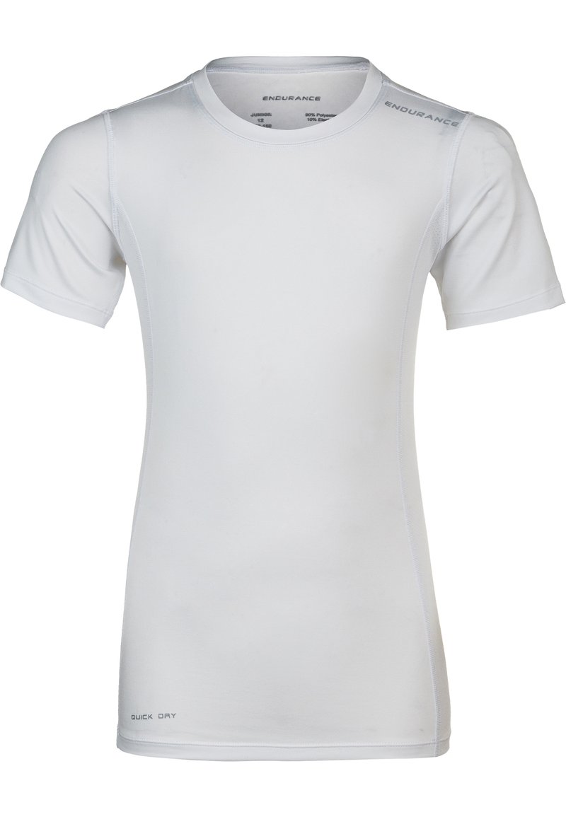 Hvid kortærmet træningsshirt lavet af 90% polyester og 10% elastan. Har "ENDURANCE" mærkning og "QUICK DRY" tekst på kanten.