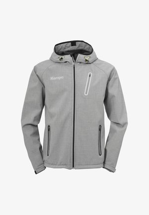 Gray lightweight jacket with a hood, featuring a zippered chest pocket, side pockets, and black accents on the zipper and cuffs.
